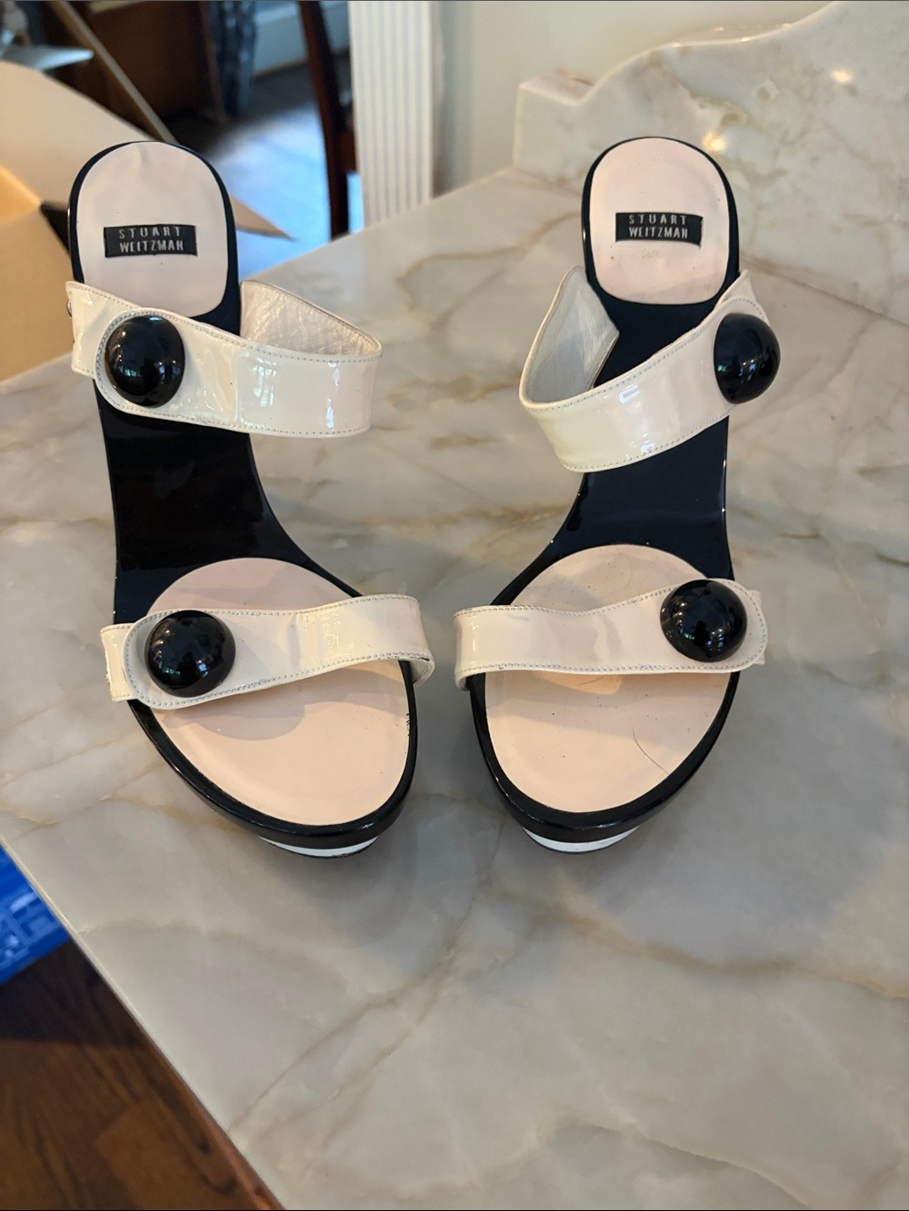 Stuart Weitzman Cream and Black Patent Two-Strap Slide Heels